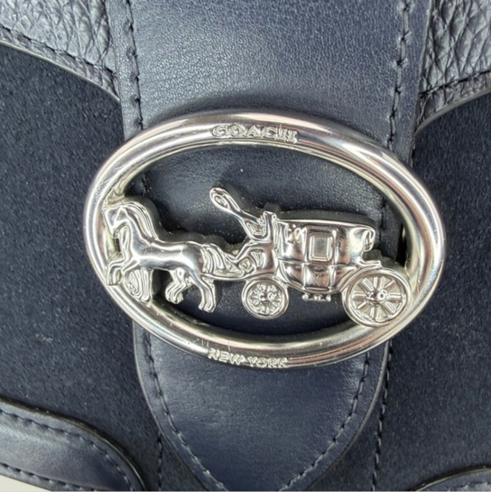 Coach Navy Saddle Bag Suede Pebbled Leather w/Snakeskin Embossed Strap EUC - Picture 3 of 12
